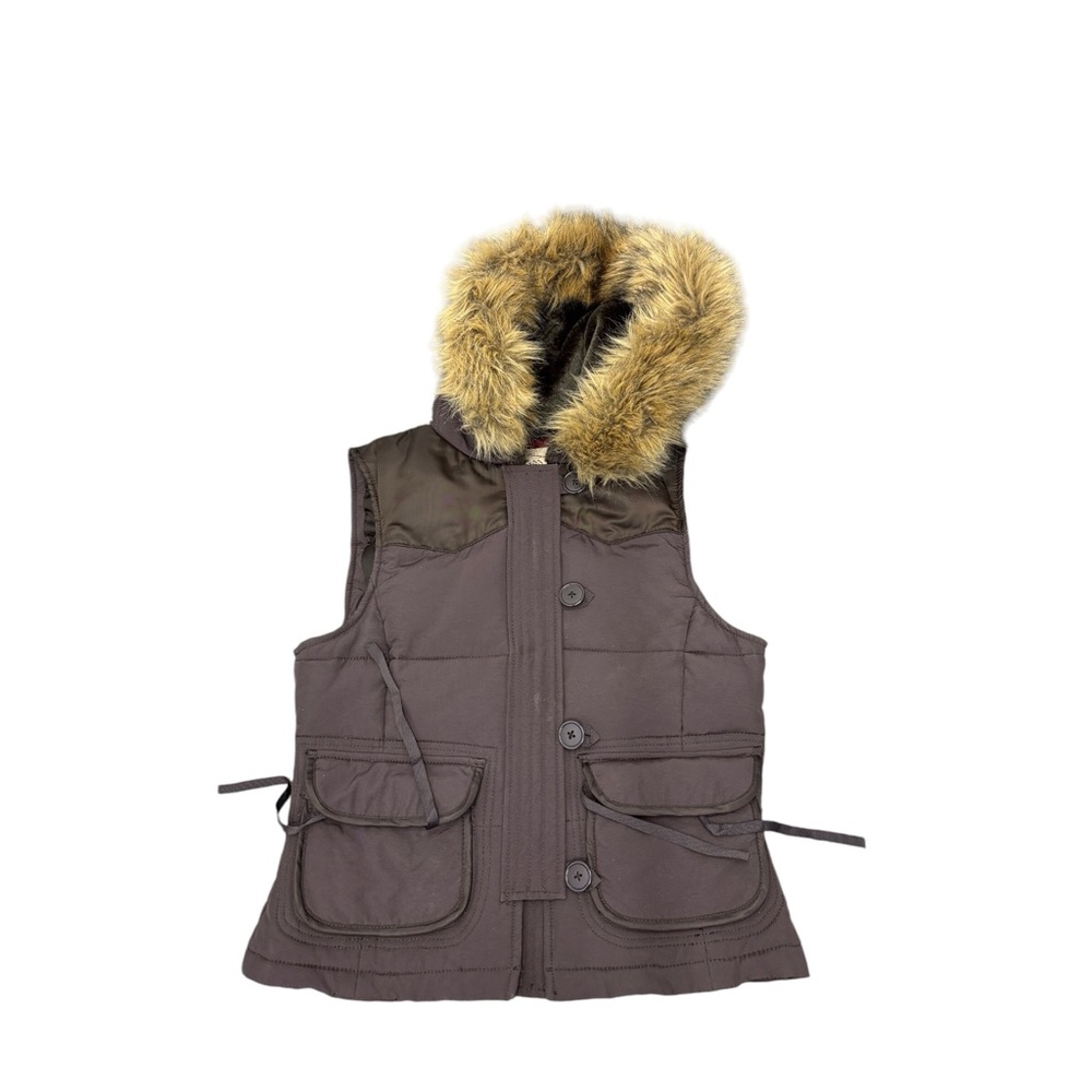 POLO JEAN COMPANY Women’s Vintage Y2K Brown Fur Lined Hood Puffer Vest Sz XS